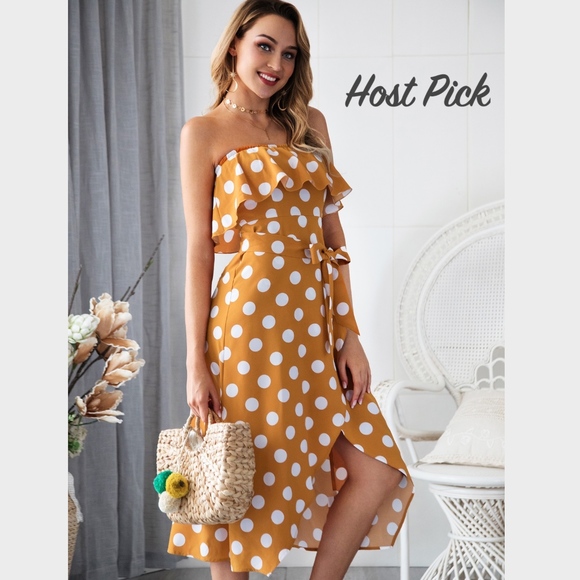 Rouge! Dresses & Skirts - Polka Dot Strapless Flounce Midi Dress w/Slit